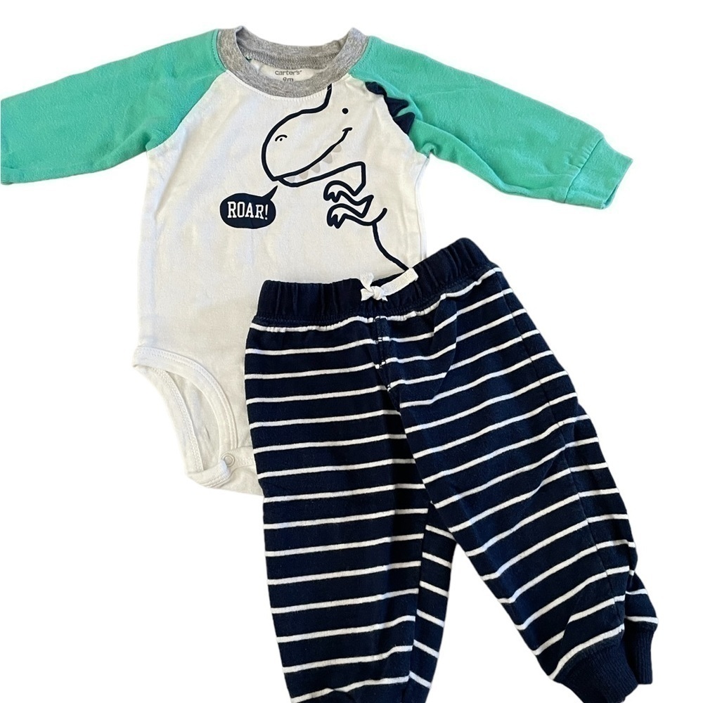 Carter's White Bodysuit with Green Sleeves and Navy Striped Pants
